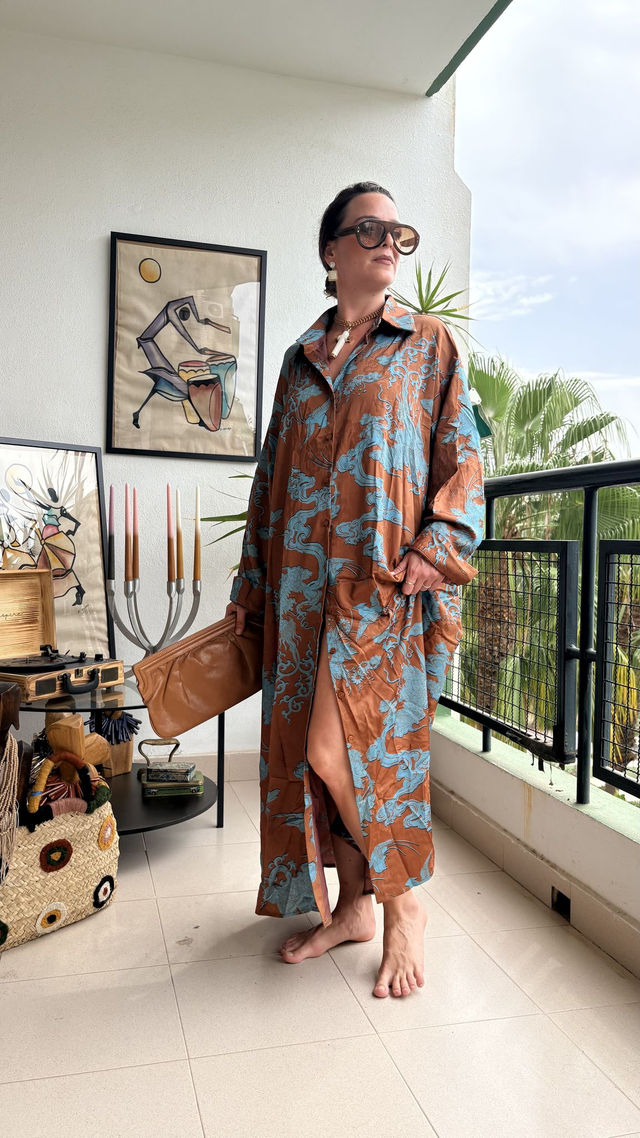 Vestido Camisero Largo Jacquard de Inspiración Japonesa