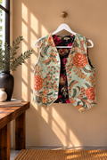 Chaleco Reversible de Terciopelo Estampado Floral    Verde Agua y Negro