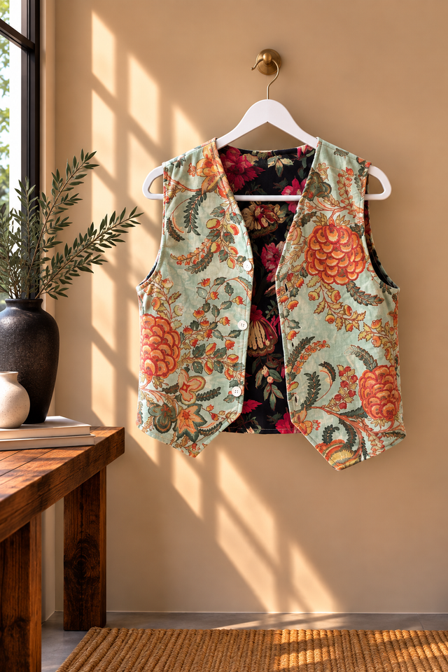 Chaleco Reversible de Terciopelo Estampado Floral    Verde Agua y Negro