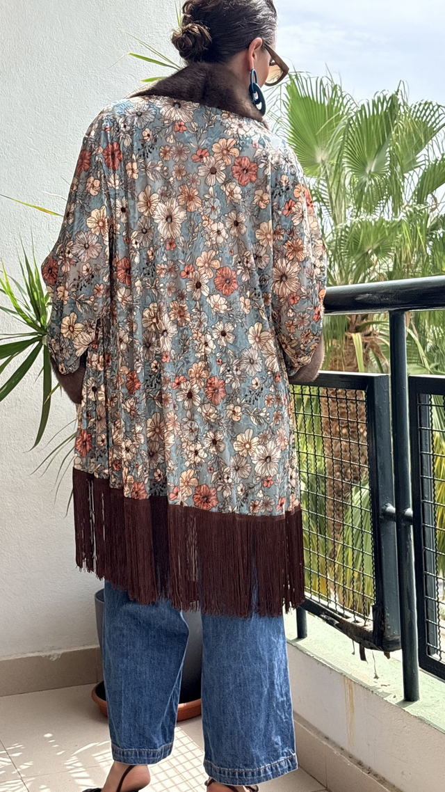 Kimono de Gasa y Terciopelo con Flecos de Seda