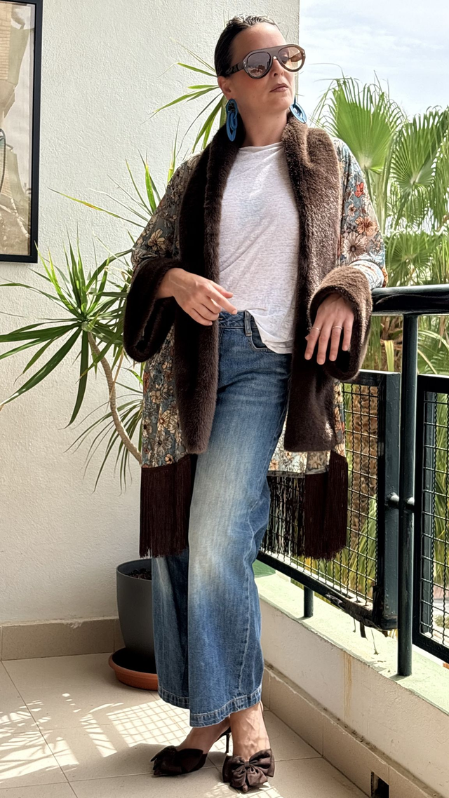 Kimono de Gasa y Terciopelo con Flecos de Seda