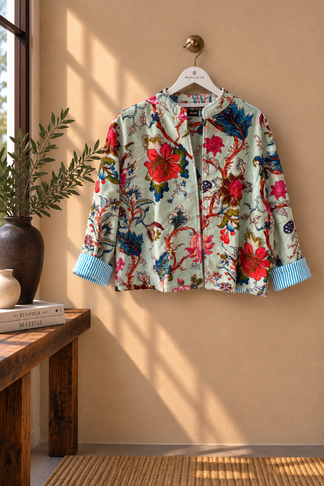 Chaqueta de Terciopelo Estampada Verde Agua