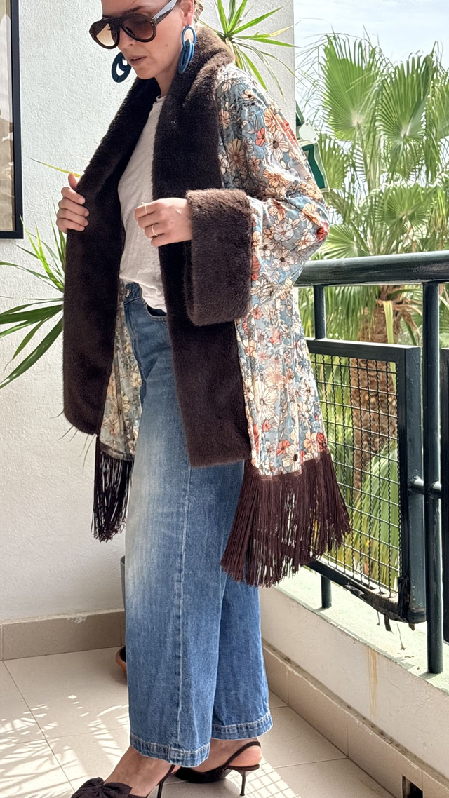 Kimono de Gasa y Terciopelo con Flecos de Seda