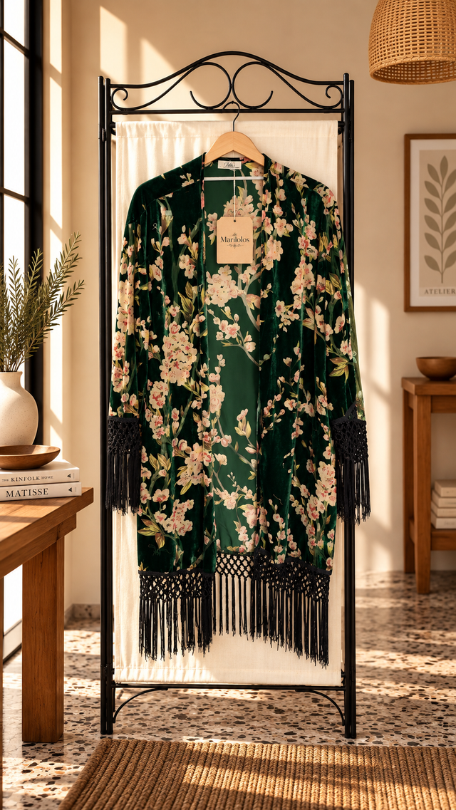 Kimono 3/4 de Terciopelo Floral Verde