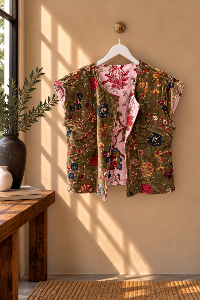 Chaleco Reversible de Terciopelo Estampado Floral Verde y Rosa