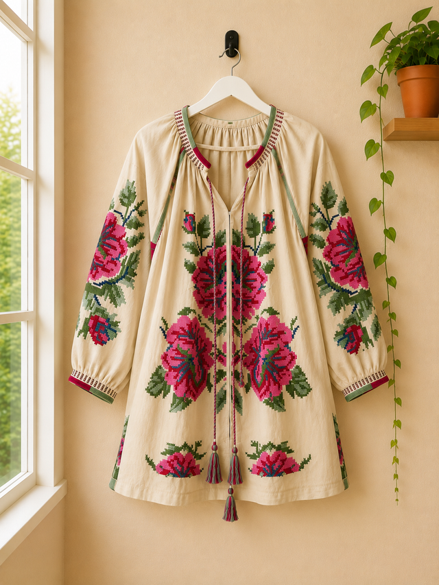 Camisa Beige  Bordada de Algodón con Bolsillos- Flores Bordadas