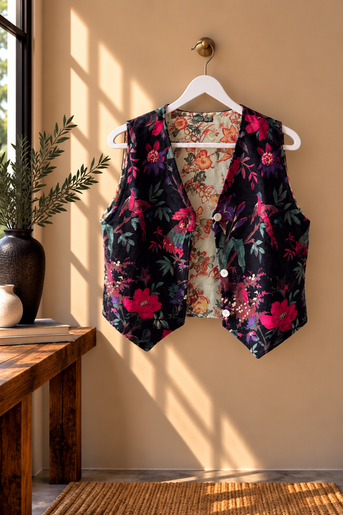 Chaleco Reversible de Terciopelo Estampado Floral    Verde Agua y Negro