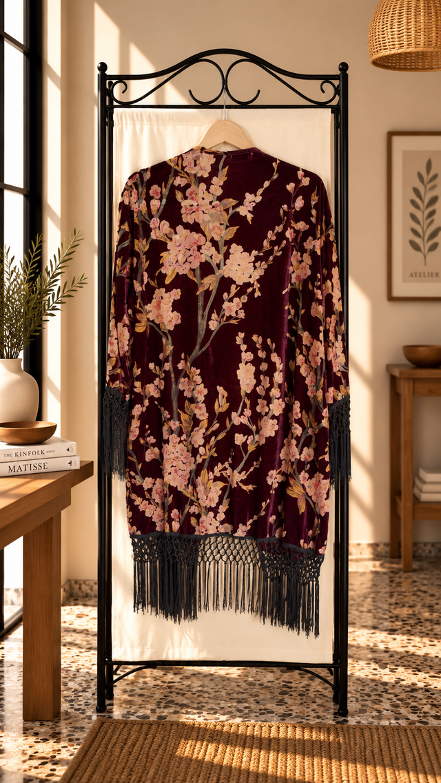 Kimono 3/4 de Terciopelo Floral Vino