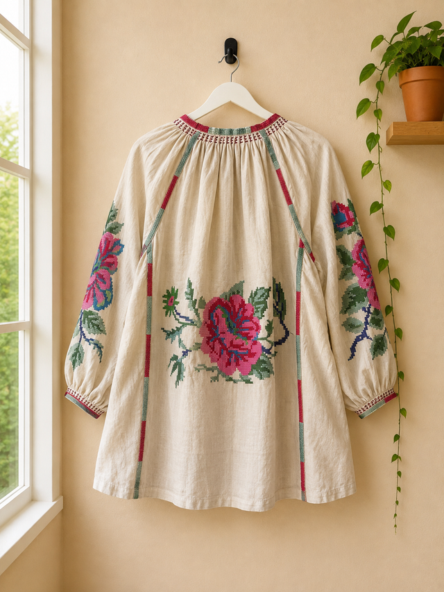 Camisa Beige  Bordada de Algodón con Bolsillos- Flores Bordadas