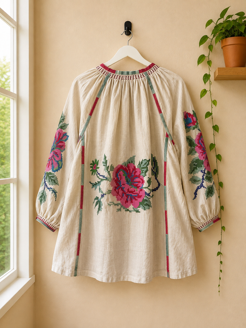 Camisa Beige  Bordada de Algodón con Bolsillos- Flores Bordadas