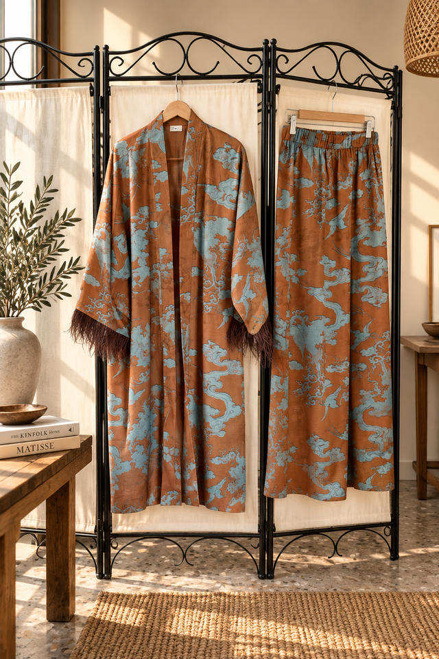 Conjunto Kimono Oriental con Plumas
