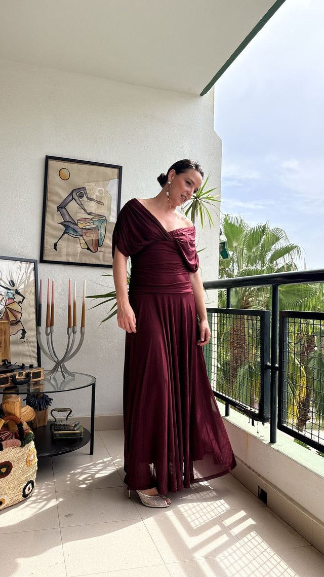 Vestido Largo de Gasa Drapeado