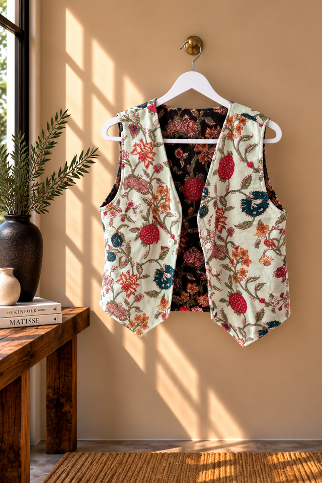 Chaleco Reversible de Terciopelo Estampado Floral   Negro y Verde Agua