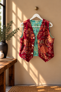 Chaleco Reversible de Terciopelo Estampado Floral   Vino y Turquesa