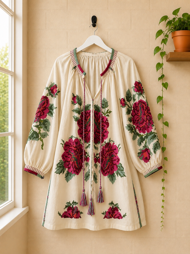 Camisa Blanca  Bordada de Algodón con Bolsillos- Flores Bordadas
