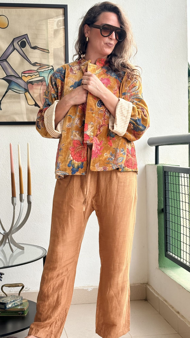 Chaqueta de Terciopelo Estampada Mostaza