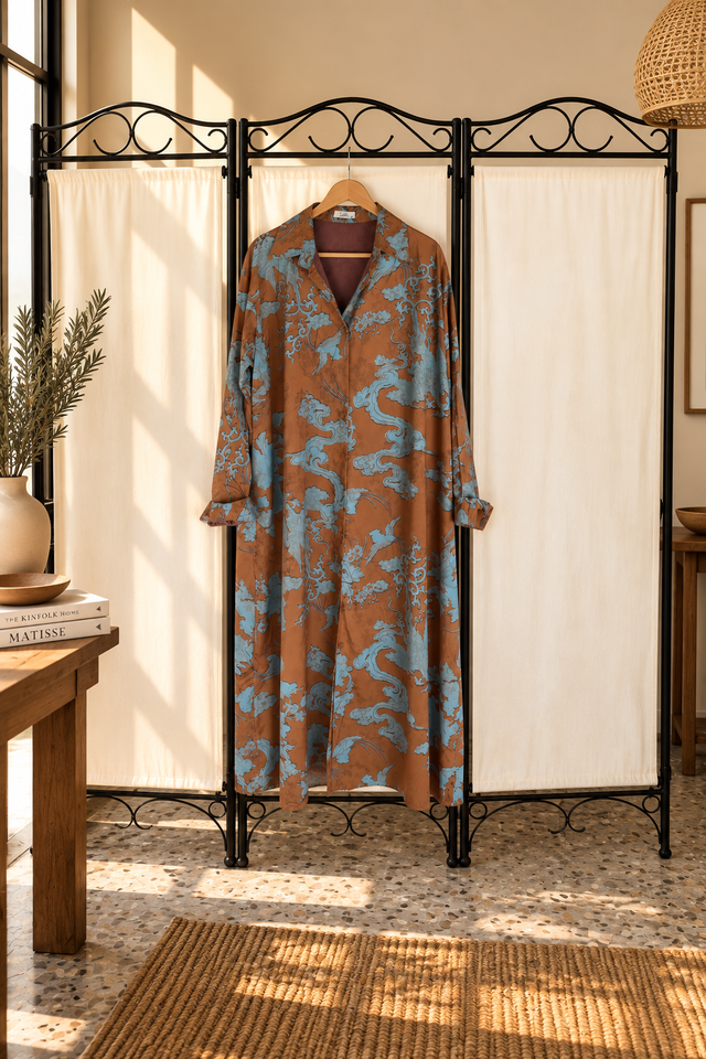 Vestido Camisero Largo Jacquard de Inspiración Japonesa