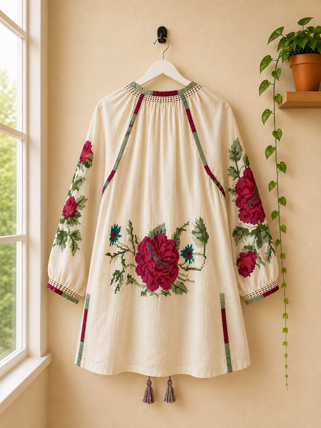 Camisa Blanca  Bordada de Algodón con Bolsillos- Flores Bordadas