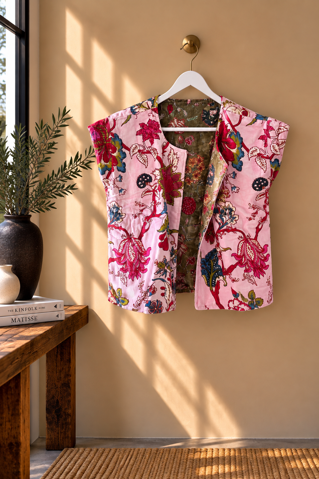 Chaleco Reversible de Terciopelo Estampado Floral Verde y Rosa