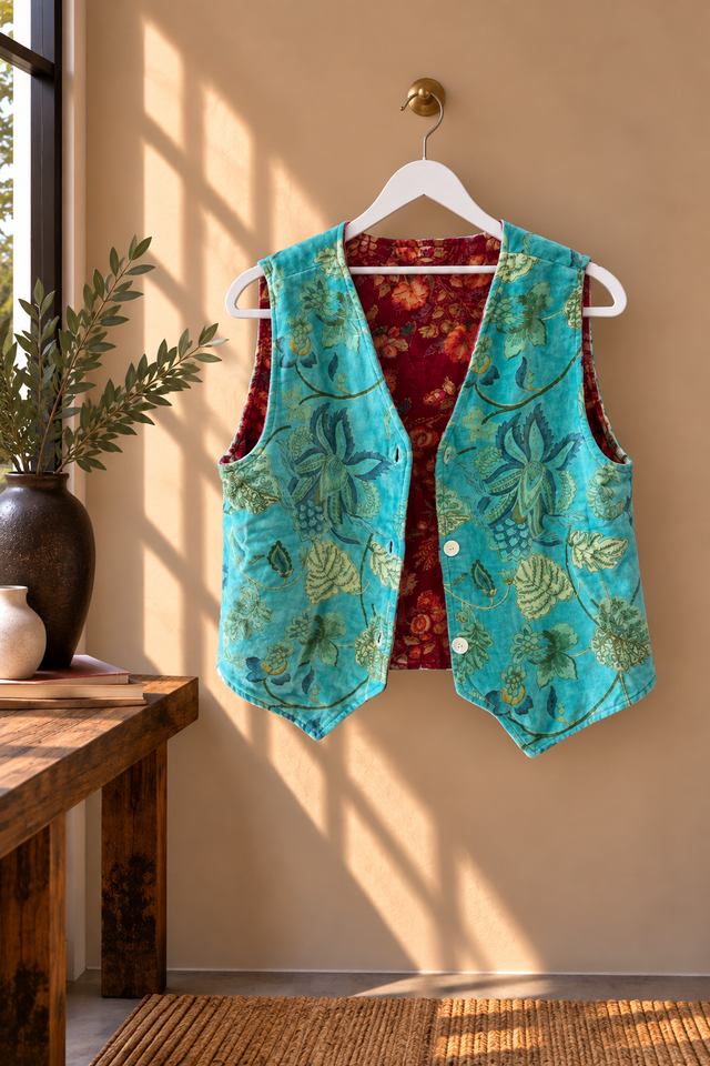 Chaleco Reversible de Terciopelo Estampado Floral   Vino y Turquesa