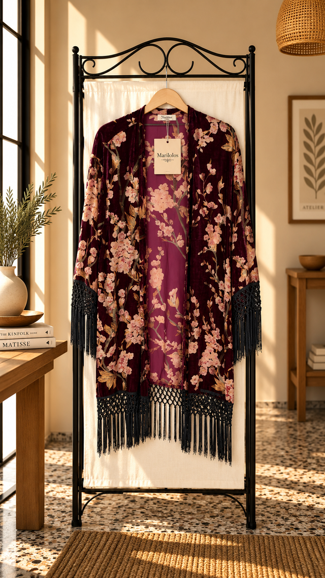 Kimono 3/4 de Terciopelo Floral Vino