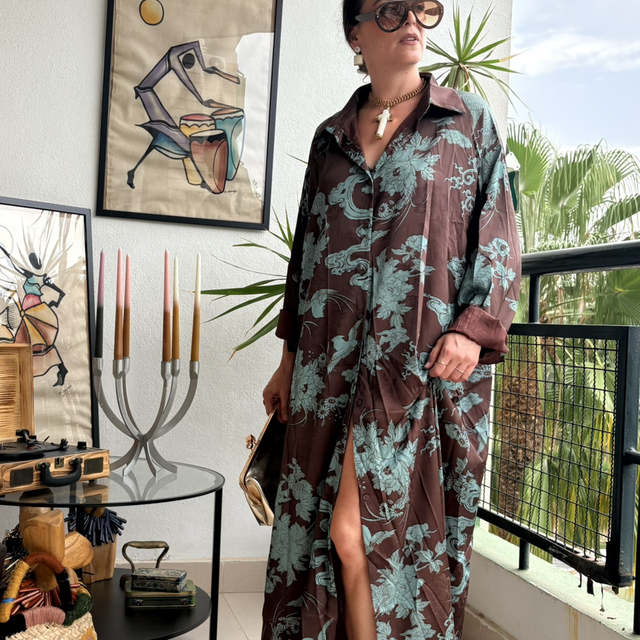 Vestido Camisero Largo Jacquard de Inspiración Japonesa