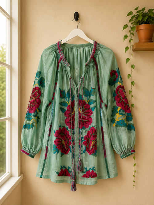 Camisa Verde Bordada de Algodón con Bolsillos- Flores Bordadas