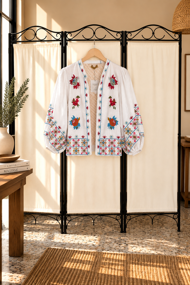 Chaqueta Bordada Punto de Cruz Blanca