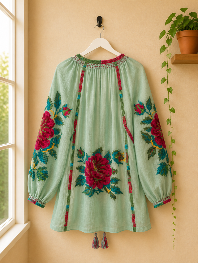 Camisa Verde Bordada de Algodón con Bolsillos- Flores Bordadas