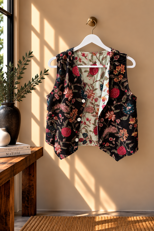 Chaleco Reversible de Terciopelo Estampado Floral   Negro y Verde Agua
