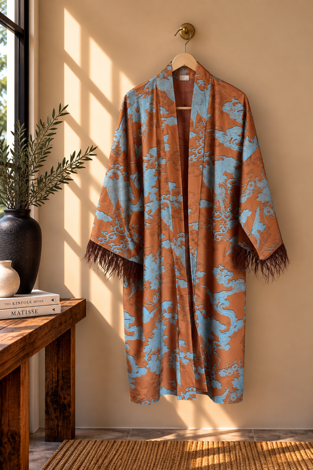 Conjunto Kimono Oriental con Plumas